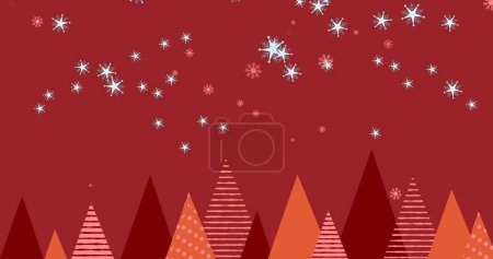 Téléchargez les photos : Plusieurs étoiles et icônes de flocon de neige tombant contre plusieurs icônes de l'arbre de Noël sur fond rouge. Noël fête et concept de célébration - en image libre de droit