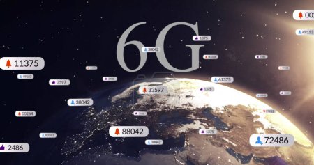 Photo for Image of 6g text, social media icons on banners over globe. global communication, digital interface and technology concept digitally generated image. - Royalty Free Image
