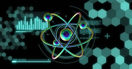 Photo for Image of atom model spinning and data processing on black background. Global science, research, connections, computing and data processing concept digitally generated image. - Royalty Free Image