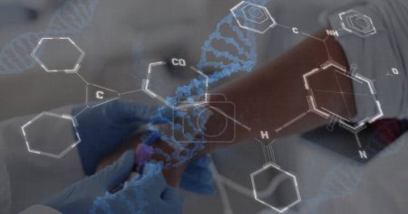Image of dna strands and chemical formula over nurse and senior biracial patient taking drip. Medicine, science and digital interface concept, digitally generated image.