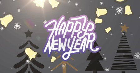 Image of happy new year text with bells and snowflakes falling over trees. New year, greeting, celebration, party and tradition concept digitally generated image.