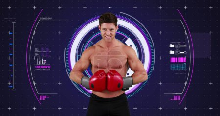 Image of boxer celebrating with scope scanning and data processing. global sport, competition, technology, data processing and digital interface concept digitally generated image.