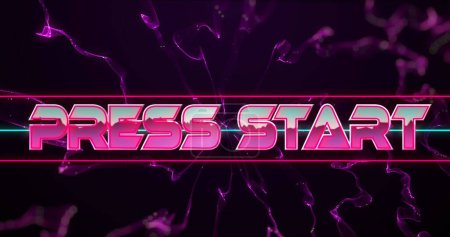 Photo for Image of press start text in pink metallic letters over explosion of purple light trails. global image gaming connection and communication colour and movement concept digitally generated image. - Royalty Free Image