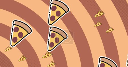 Foto de Imagen de iconos de pizza sobre rayas sobre fondo amarillo. celebración y concepto de interfaz digital imagen generada digitalmente. - Imagen libre de derechos