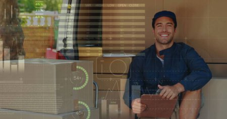 Photo for Front view of a deliveryman seated on the back of a van counting packages. Digital image of graphs and statistics in the foreground - Royalty Free Image