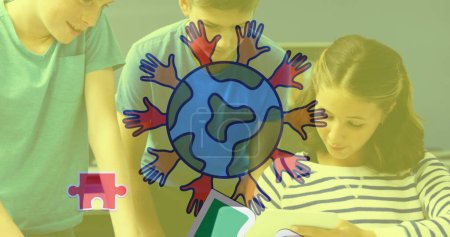 Photo for Image of puzzle pieces and globe over diverse schoolchildren using tablet. autism awareness month and celebration concept digitally generated image. - Royalty Free Image