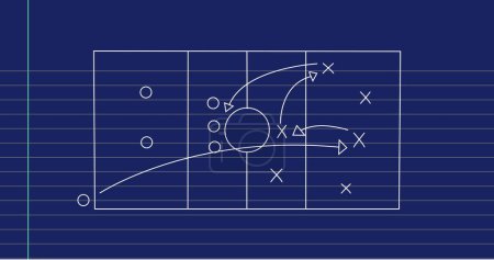 Image of football game strategy plan against blue lined paper background. Sports tournament and competition concept