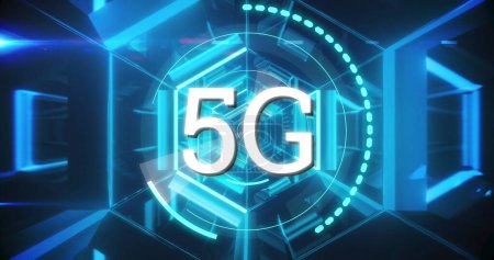 Photo for Image of 5G text with digital interface scope scanning over blue glowing background. Global digital online concept digitally generated image. - Royalty Free Image