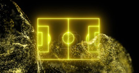 Image of yellow digital wave over neon soccer field layout against black background. Sports and techology concept