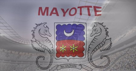 Bild der Flagge von Mayotte über dem Sportstadion. Globaler Sport und digitales Schnittstellenkonzept digital generiertes Image.