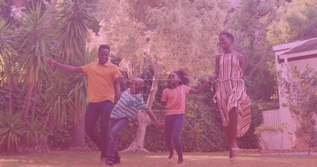 Image of smiling african american family running in garden. national siblings day and celebration concept digitally generated image.