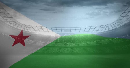 Foto de Imagen de la bandera de djibouti sobre el estadio deportivo. Deporte global e interfaz digital concepto de imagen generada digitalmente. - Imagen libre de derechos