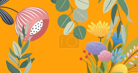 Téléchargez les photos : Image de fleurs se déplaçant en mouvement hypnotique sur fond orange. couleur, nature, motif et concept de mouvement image générée numériquement. - en image libre de droit