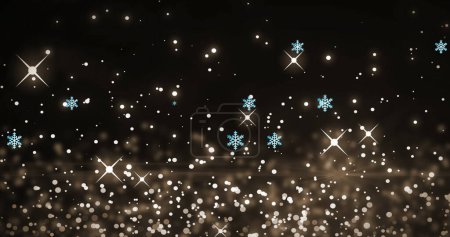 Téléchargez les photos : Image de flocons de neige sur des taches lumineuses sur fond noir. Concept hiver, lumière et mouvement image générée numériquement. - en image libre de droit