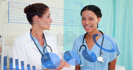 Photo for Image of financial data over diverse female doctors talking. finance, economy, medicine, health and technology concept digitally generated image. - Royalty Free Image