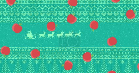 Téléchargez les photos : Image de pommes rouges de Noël tombant sur le motif sur fond vert de Noël. Noël, fête, célébration et concept de tradition image générée numériquement. - en image libre de droit