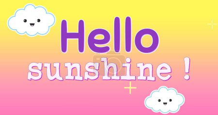 Téléchargez les photos : Image numérique d'un texte pour enfants bonjour soleil. Le fond est un ciel dégradé coloré avec des nuages souriants et des étoiles jaunes se déplaçant vers la gauche - en image libre de droit