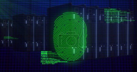 Bild des biometrischen Fingerabdrucks über Computerservern. Globale Online-Sicherheit, digitale Schnittstelle und Datenverarbeitungskonzept digital generiertes Bild.