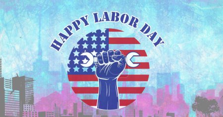 Photo for Image of happy labor day text over cityscape. labor day and celebration concept digitally generated image. - Royalty Free Image