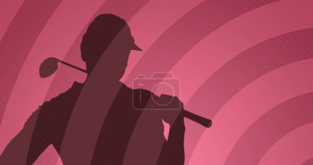 Téléchargez les photos : Image de silhouette de joueur de golf sur des cercles sur fond rose. concept mondial de sport, golf et mode de vie sain image générée numériquement. - en image libre de droit