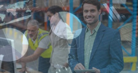 Photo for Image of financial data processing over smiling man working in warehouse. global business, data processing, digital interface, technology and shipping concept digitally generated image. - Royalty Free Image