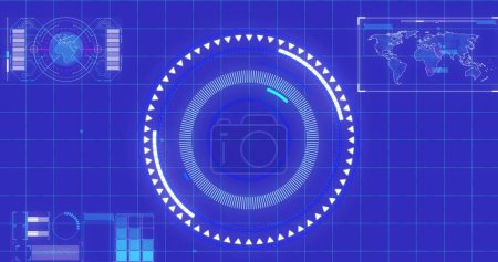 Photo for Image of circular scope scanning with world maps and information on blue background. communication technology digital interface concept, digitally generated image. - Royalty Free Image