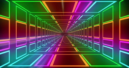 Photo for Image of colourful neon light trails and digital tunnel over black background. Abstract, neon and shapes concept, digitally generated image. - Royalty Free Image