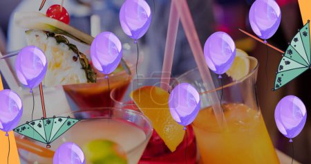 Photo for Image of balloons and decorations over drinks. celebration and digital interface concept digitally generated image. - Royalty Free Image