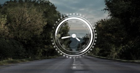 Photo for Image of clock over road and trees. global transport, travel and digital interface concept digitally generated image. - Royalty Free Image