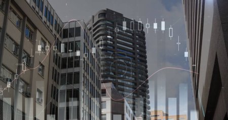 Digitales Bild von Graphen, die sich auf dem Bildschirm bewegen, mit dem Hintergrund einer Stadt mit Gebäuden 4k