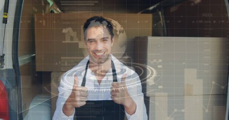 Image of round scanner and data processing over caucasian delivery man showing thumbs up. Logistics business and technology concept