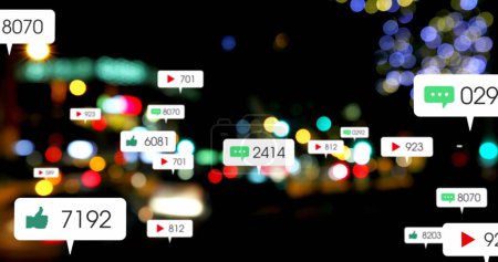 Photo for Image of social media icons and numbers over out of focus city lights. global social media, networking, connections and digital interface concept digitally generated image. - Royalty Free Image