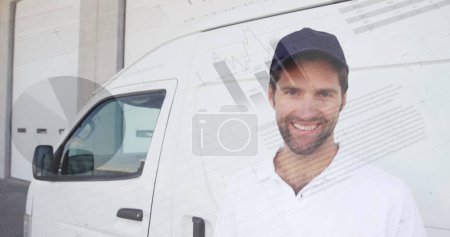 Close up of a Caucasian deliveryman smiling. Digital image of graphs and statistics are running in the foreground