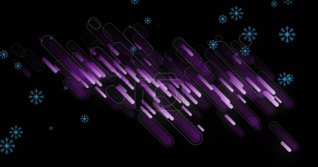 Téléchargez les photos : Image de lignes violettes sur des flocons de neige sur fond noir. Concept hiver, lumière et mouvement image générée numériquement. - en image libre de droit