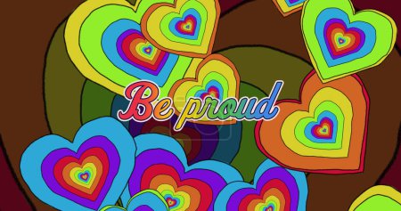 Image of be proud text and rainbow hearts. Pride month, lgbtq, human rights and equality concept digitally generated image.