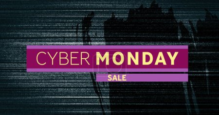 Imagen del texto de la venta del lunes cibernético en banner púrpura sobre fondo angustiado azul oscuro. imagen generada digitalmente del concepto del comercio minorista, del ahorro y de compras en línea.