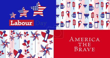 Foto de Imagen del día del trabajo América el valiente texto sobre iconos coloreados con bandera americana. patriotismo y concepto de celebración imagen generada digitalmente. - Imagen libre de derechos