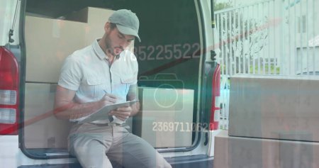 Image of financial data over happy caucasian male courier counting packages. business, finance and delivery services concept digitally generated image.