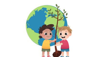 Bild von Jungen mit Pflanze und Globus-Symbol auf weißem Hintergrund. Universelles Kindertags- und Festkonzept digital generiertes Bild.
