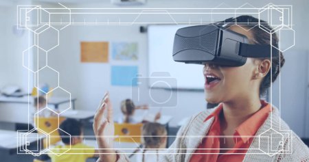 Image of digital screen over smiling biracial female teacher using vr headset. national teacher day and celebration concept digitally generated image.