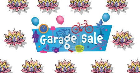 Photo for Image of garage sale text over blue banner and flowers on white background. retro sales, retails and savings concept digitally generated image. - Royalty Free Image