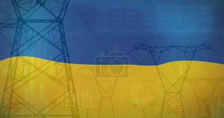 Image of flag of ukraine over field and electricity poles. ukraine crisis, economic and energetic crash and international politics concept digitally generated image.