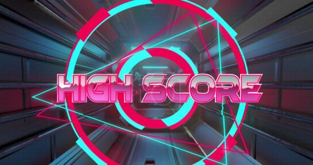Photo for Image of high score text on triangles over futuristic tunnel in background. Digitally generated, hologram, illustration, illuminated, shape, record, image game, arcade and technology concept. - Royalty Free Image