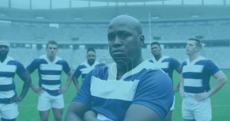 Foto de Imagen de estadísticas sobre jugadores de rugby. deportes globales, tecnología, interfaz digital y concepto de conexiones imagen generada digitalmente. - Imagen libre de derechos