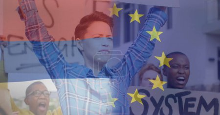 Image du drapeau des Pays-Bas et de l'union européenne sur divers manifestants féminins et masculins. ukraine crise et politique internationale concept image générée numériquement.
