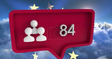 Photo for Image of people icon with numbers on speech bubble with european union flag and clouds. global social media and communication concept digitally generated image. - Royalty Free Image