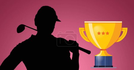 Photo for Image of golf player silhouette and cup over pink background. global sports, golf and healthy lifestyle concept digitally generated image. - Royalty Free Image