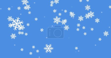 Digitales Bild mehrerer Schneeflocken, die vor blauem Hintergrund fallen. Weihnachtsfeier und Festkonzept
