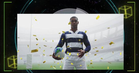 Image of gold confetti over african american rugby player holding ball in sports stadium. celebration, victory, sports and competition concept digitally generated image.