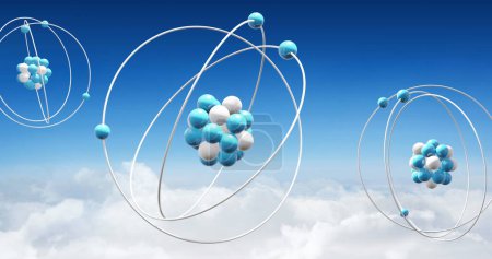 Téléchargez les photos : Image de modèles atomiques tournant sur des nuages sur fond bleu. Science globale, recherche, connexions, informatique et traitement des données concept image générée numériquement. - en image libre de droit